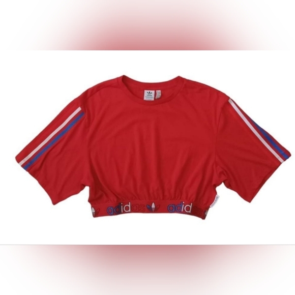 Adidas Women's XL Red Adicolor PrimeBlue Tricolor Cropped Crew Neck T-Shirt EUC - Picture 1 of 5